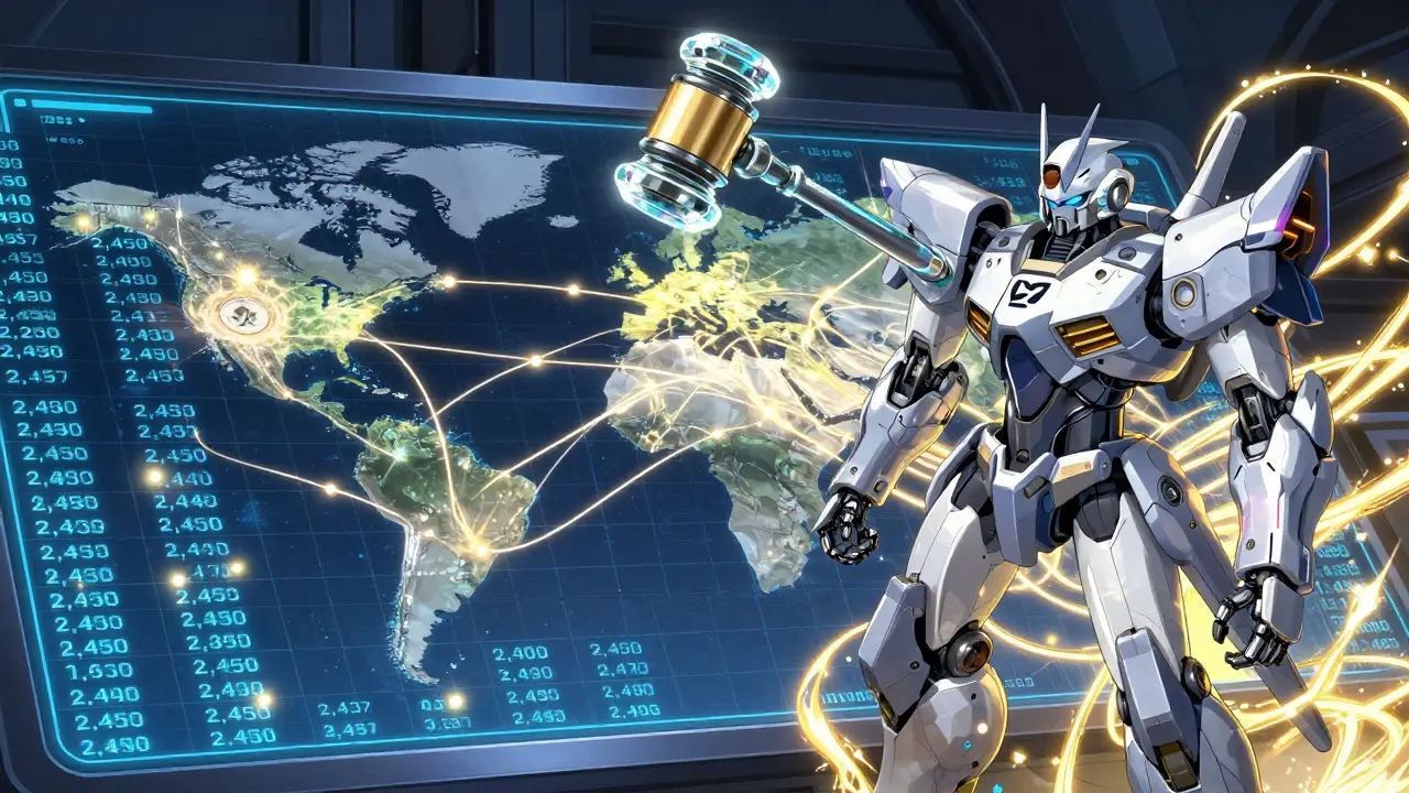 A robotic debt buyer transfers thousands of court cases via glowing digital connections across continents.