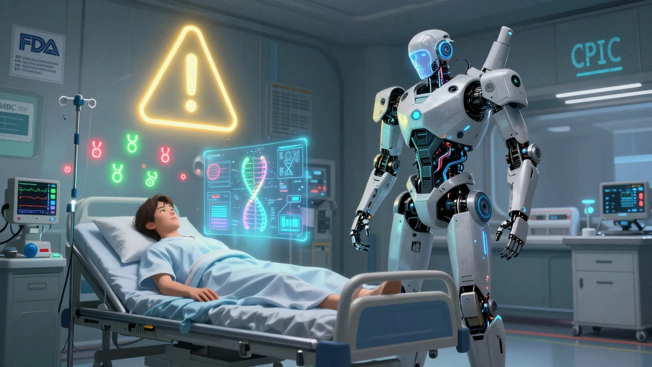 A robotic doctor projects a patient&#039;s genetic map as holograms in a high-tech hospital room.