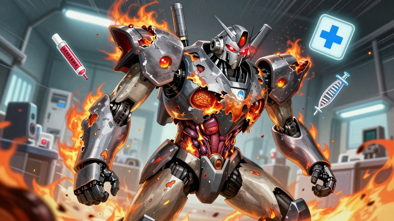 A robotic figure with peeling skin revealing internal organs, surrounded by floating medical icons in a chaotic hospital.