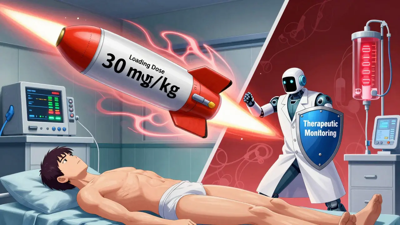 A robotic pharmacist blocks a vancomycin missile with a monitoring shield as ICU machines glow behind.