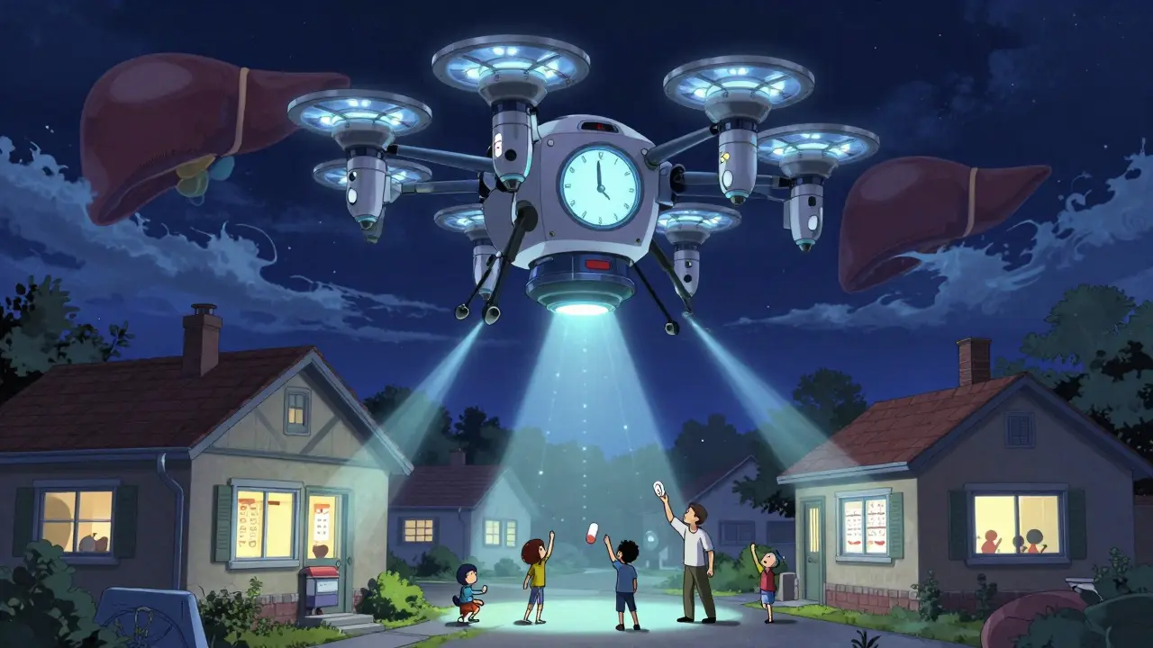 A robotic pharmacy drone projects dosing schedules over a home, with a glowing liver pulsing above.