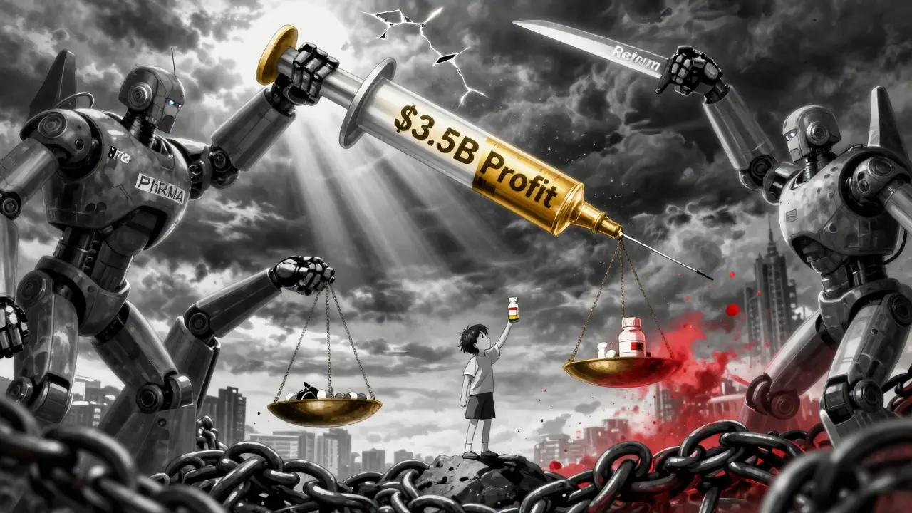 A scale balances massive drug profits against a child with a pill bottle, as robotic forces fight over reform.
