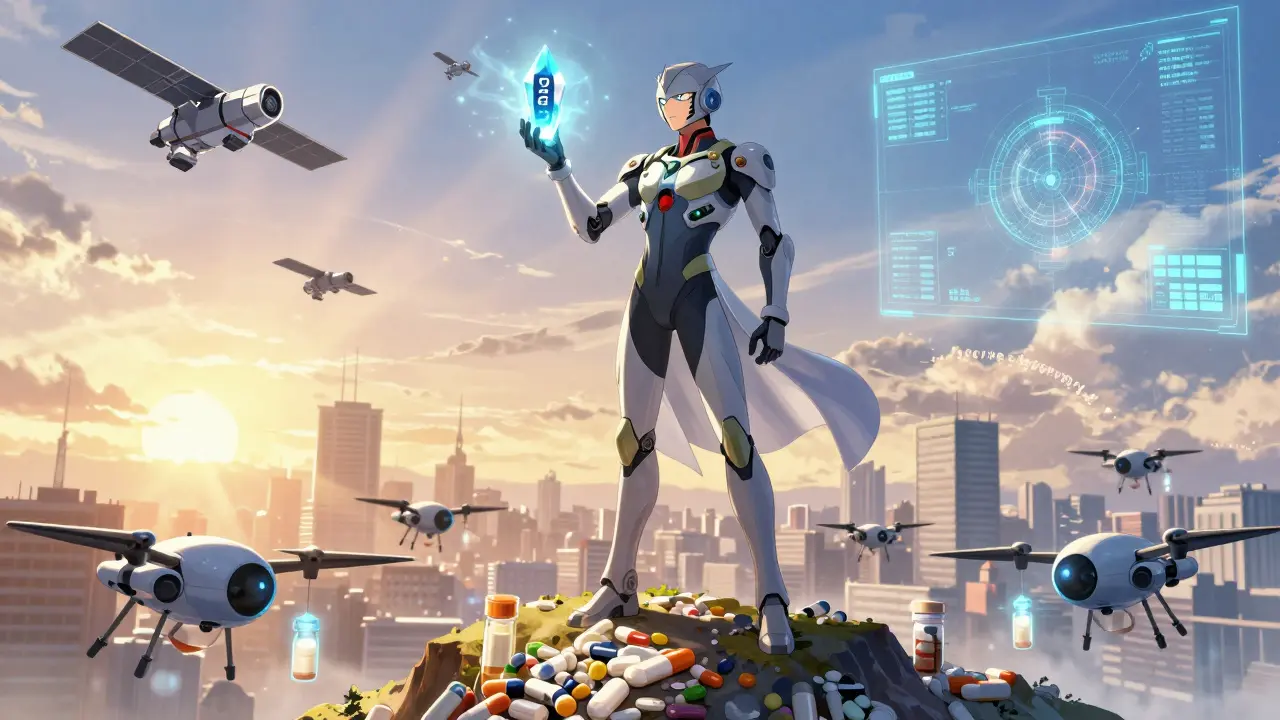 A scientist in armor holds a glowing expiration crystal, protecting a city with stable medicines.