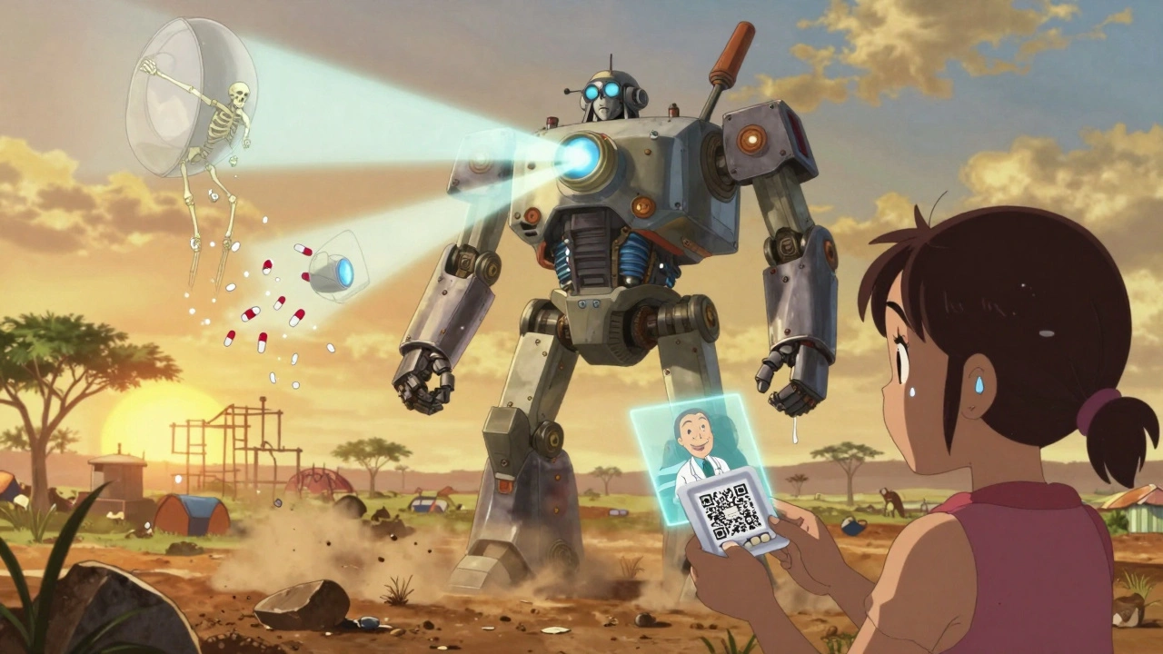 A solar-powered testing robot scans the air to reveal fake pills turning into skeletons, while a girl holds an authentic pill.