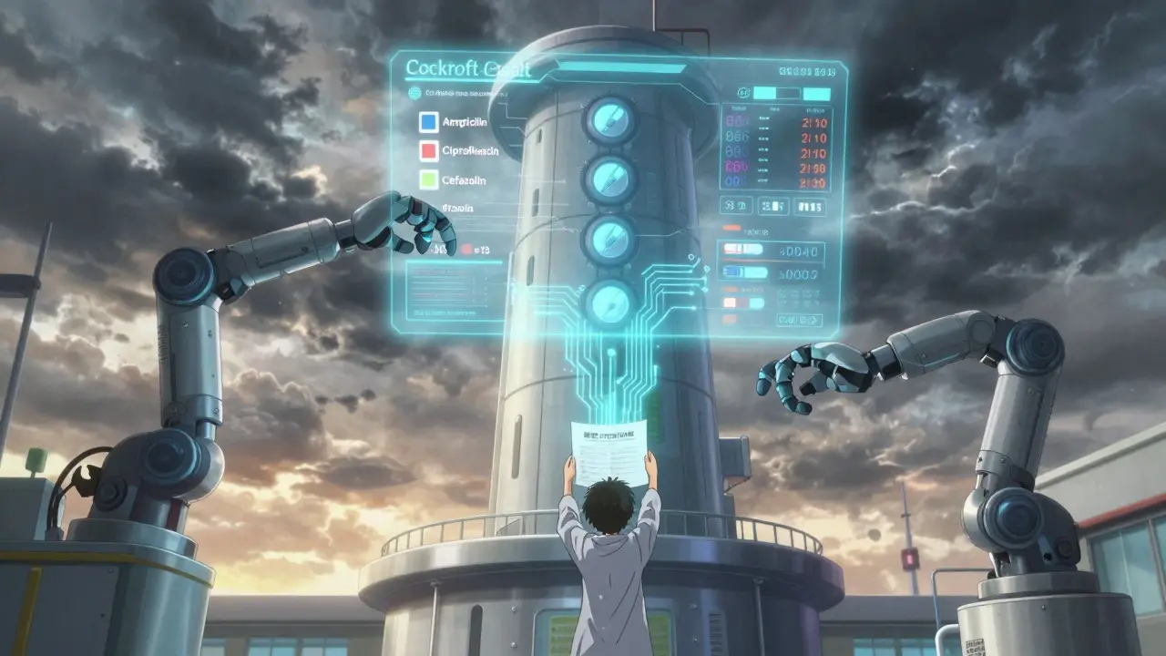 A towering AI tower adjusts antibiotic doses using holographic patient data while a human is lifted toward precision.