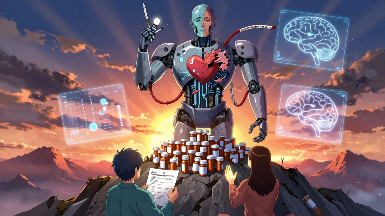 A two-faced robot symbolizes pain treatment and emotional collapse, with healing figures reaching up beneath a cyberpunk sunset.
