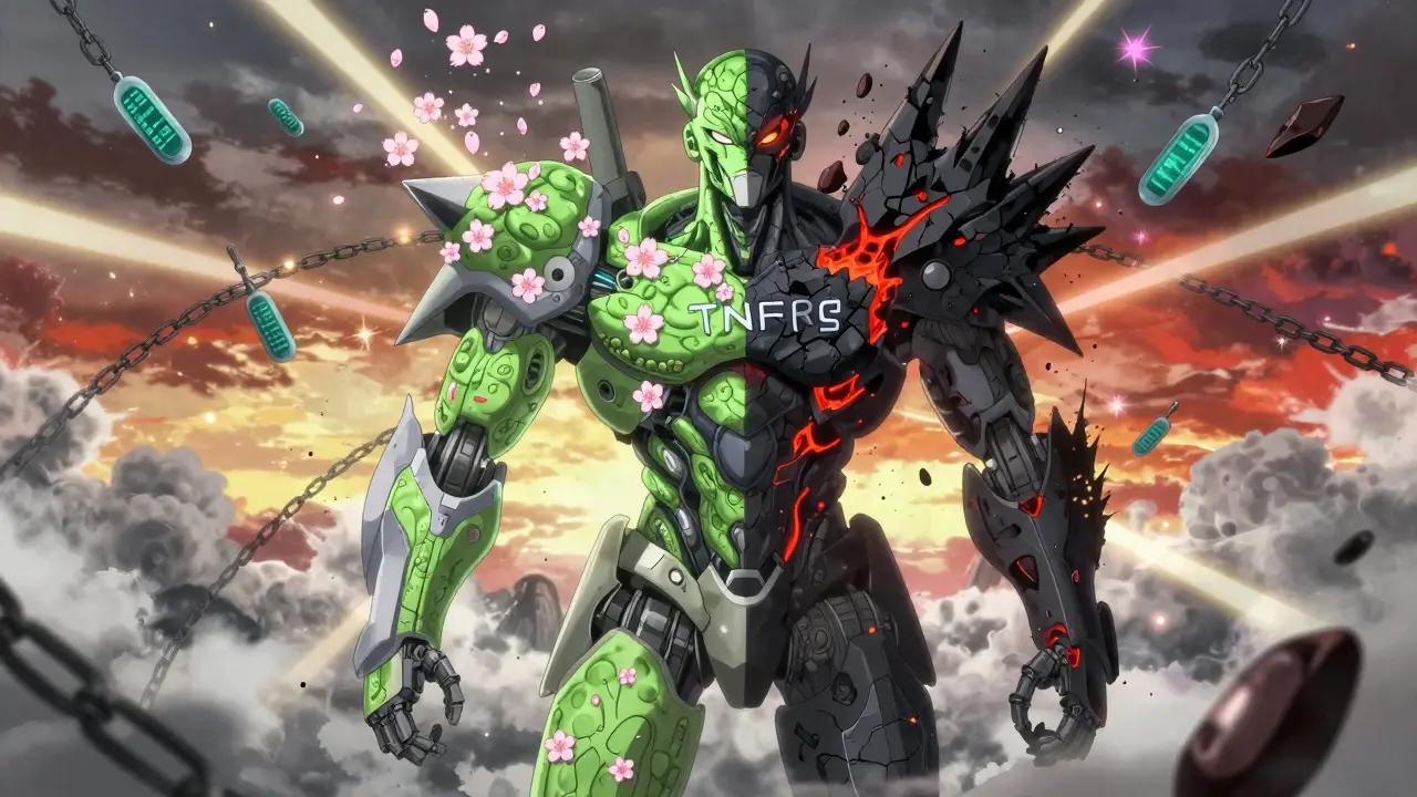 A two-faced robot symbolizing balanced immunity—one side healing, the other collapsing with inflammation.