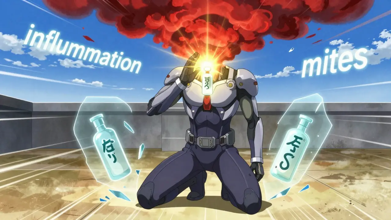 A warrior applying glowing cream to their face as red storms dissolve into calm skies.