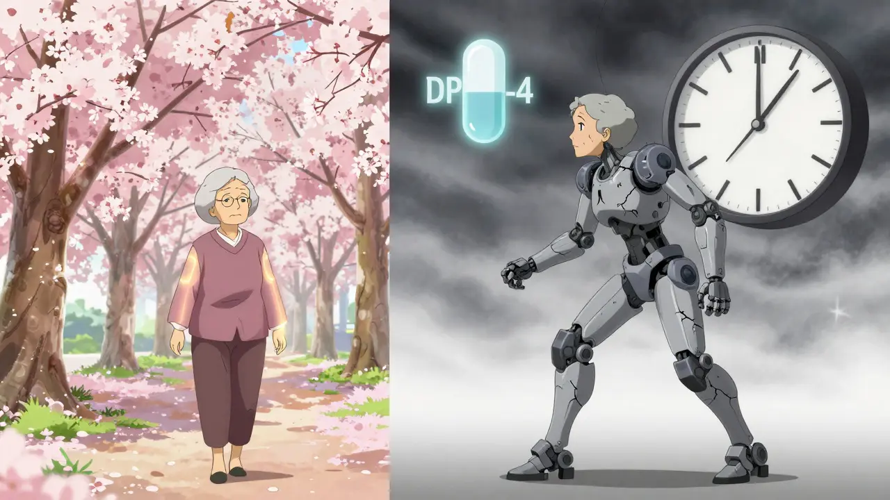 A woman’s peaceful walk transforms into a fractured mech as a warning pill hovers above, symbolizing delayed joint pain.