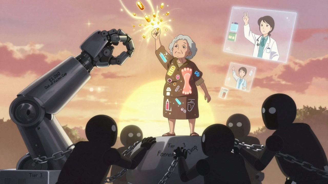 An elderly woman stands atop a robot shaped like a ,000 cap, transforming insurance chains into generic pills.