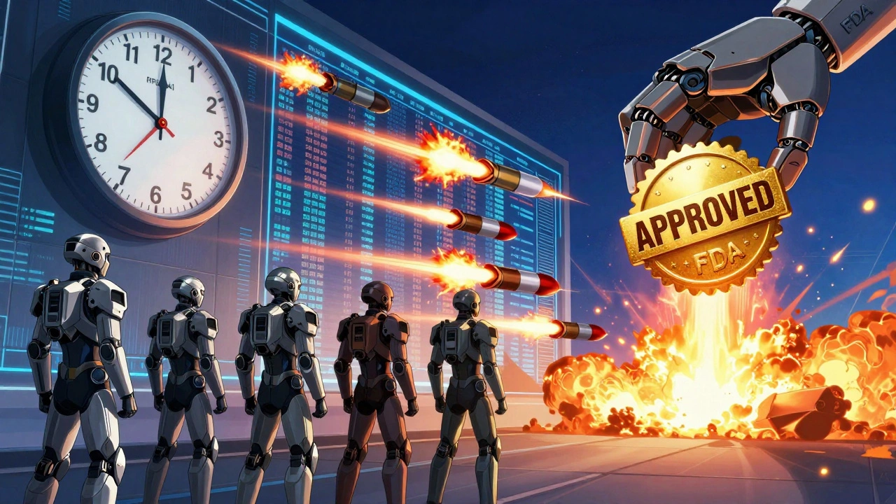 Armored engineers scan a patent countdown as missile-like drug capsules launch toward the horizon.