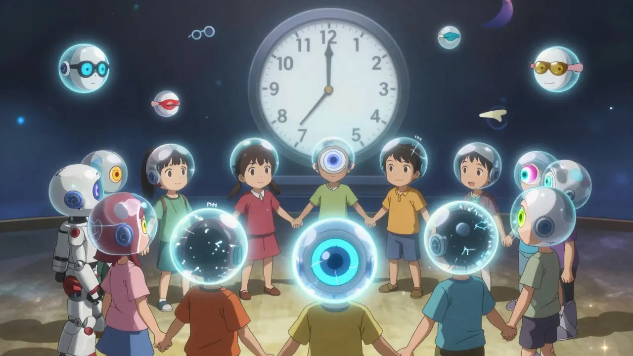 Children form a circle surrounded by healing robotic orbs correcting vision pathways.