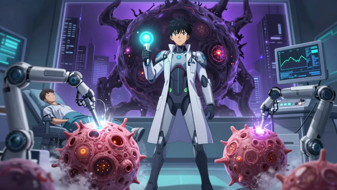 Doctor in a high-tech suit using an ultrasound wand to fight a monstrous nodule, while robotic arms perform ablation on a shrinking benign nodule.