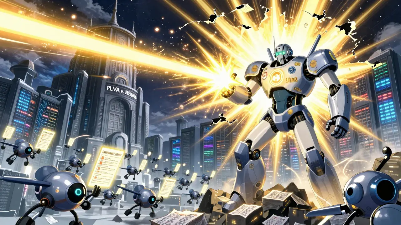 Heroic pharmacist robot launching a report beam toward a corporate fortress in a giant FDA data center.