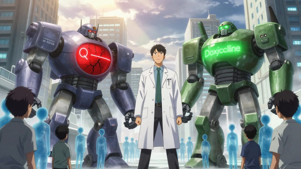 Heroic robot standing between dangerous and safe antibiotics, patients with visible QT intervals, dawn light over hospital city.