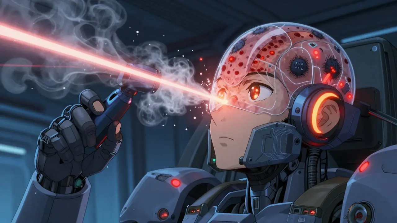 Human head transformed into a mech cockpit with microscopic yeast being destroyed by laser shampoos.