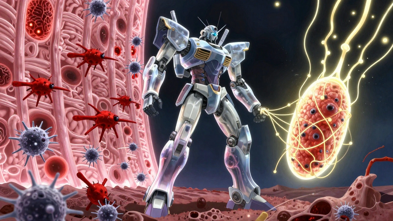 Mechanical warrior with visible immune cells attacking a blood-brain barrier while myelin is repaired.