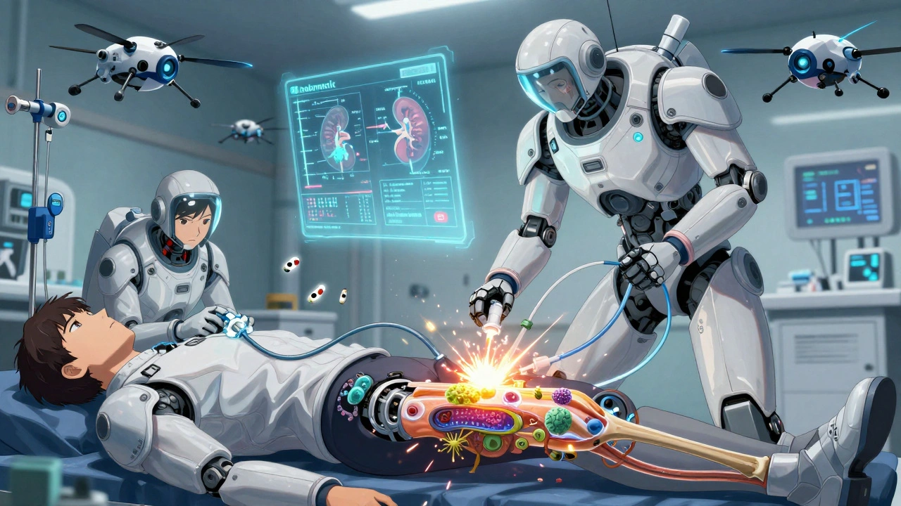 Medical robots administer IV tobramycin into a glowing joint while holograms monitor vital signs.