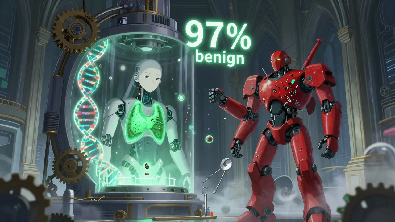 Molecular testing machine analyzing a nodule sample, emitting a green light for benign result as corrupted red robot disintegrates into data.