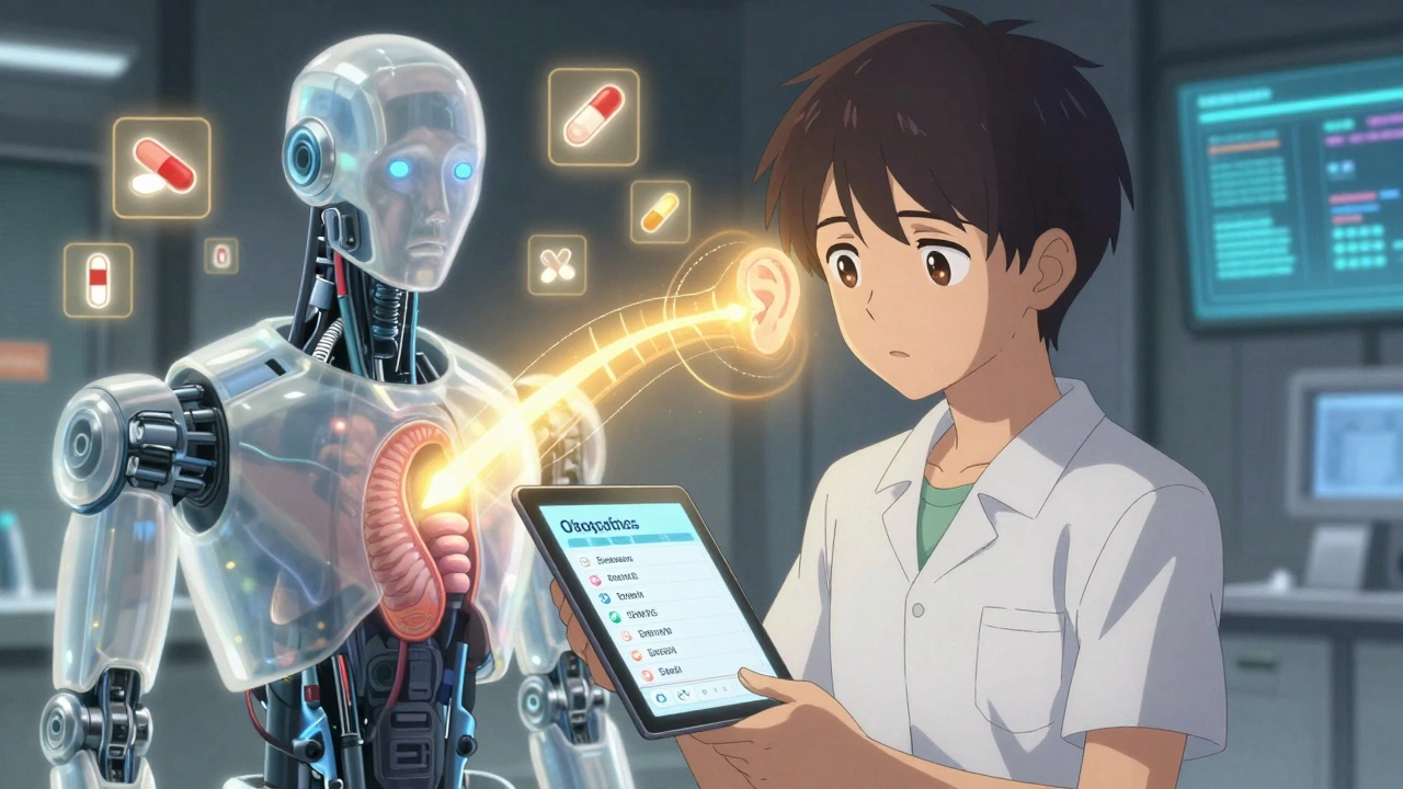Patient beside a robot with open cochlea, floating medication icons, glowing healing pathway in cyberpunk setting.