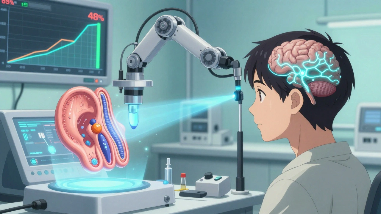 Robotic arm scanning ear with regenerating hair cells, blue energy beam, rising hospital monitoring charts in background.
