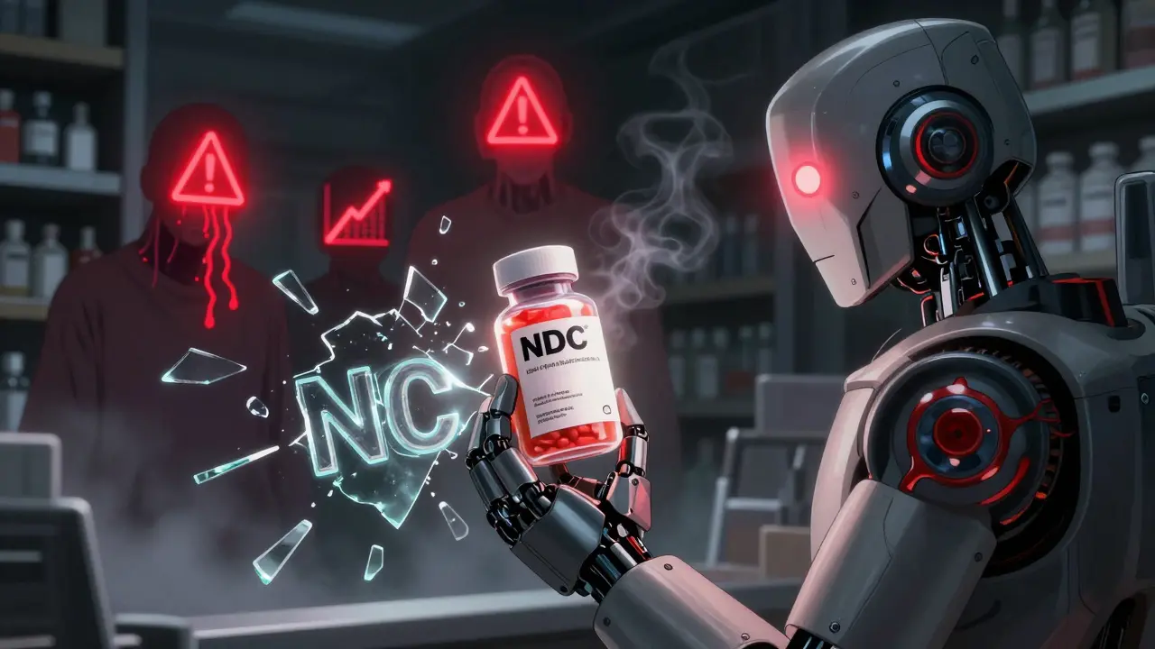 Robotic hand holding a pill bottle with glowing codes, surrounded by ghostly patients showing adverse reactions.