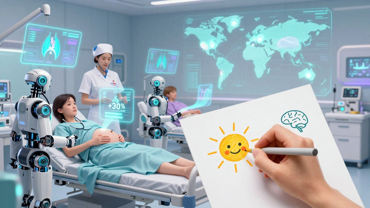 Robotic nurses monitor pregnant women with holographic thyroid dashboards, while a global map shows equitable access to medication.