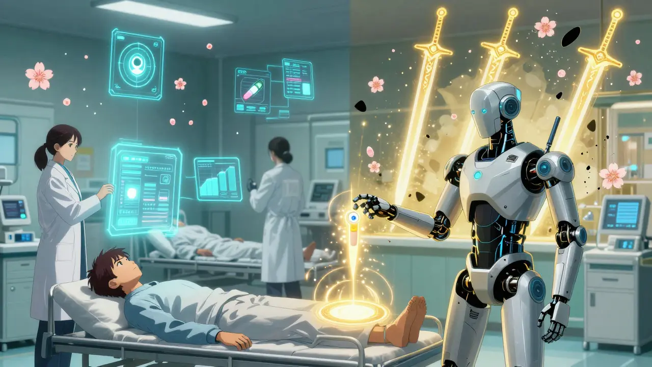 Robotic pharmacists reviewing digital prescriptions in a hospital, with diagnostic pulses and AI symbols floating in the air.
