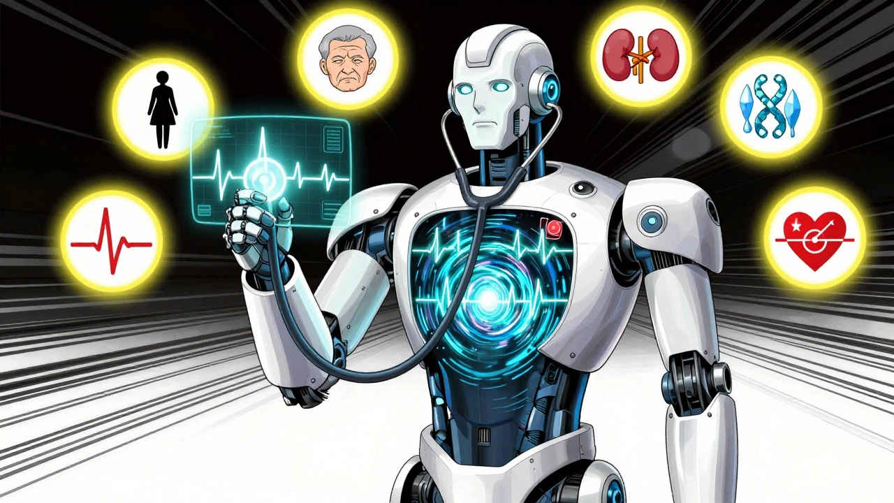 Robotic physician with ECG projection and seven risk-factor drones orbiting, chaotic heart rhythm visible in chest panel.