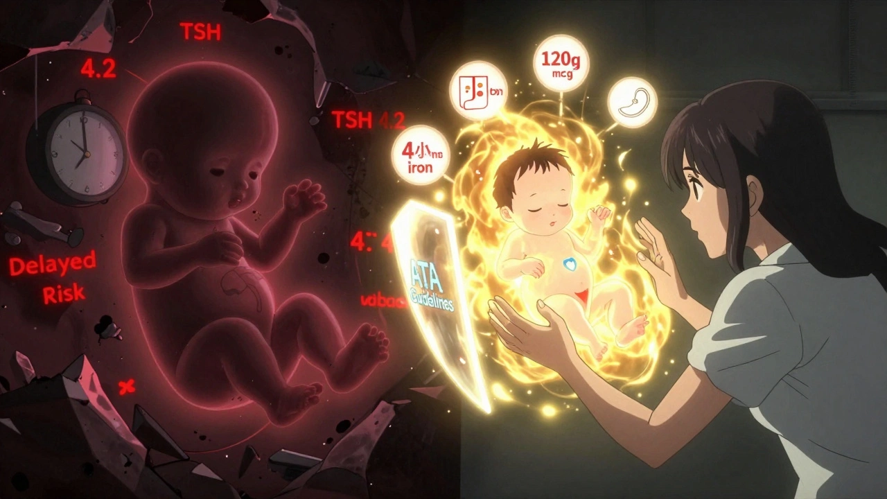 Split scene: left side shows a failing fetus with warning signs; right side shows a radiant baby protected by medical guidelines and dose icons.