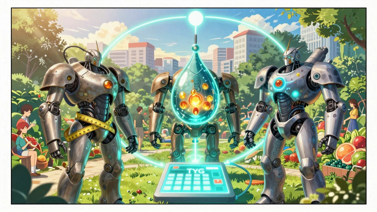 Three interconnected mechanical beings symbolizing waist size, triglycerides, and glucose in a healing cycle under a sunrise.