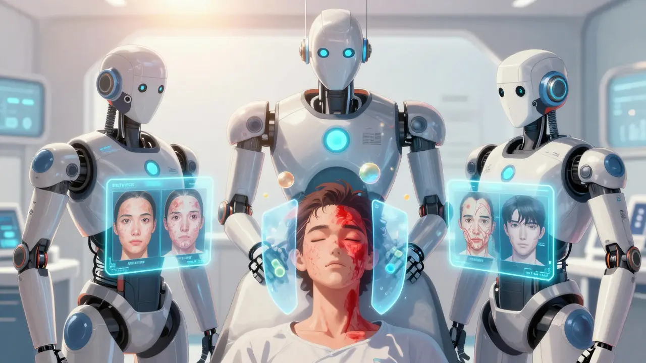 Three robotic doctors projecting skin transformation holograms in a futuristic clinic.