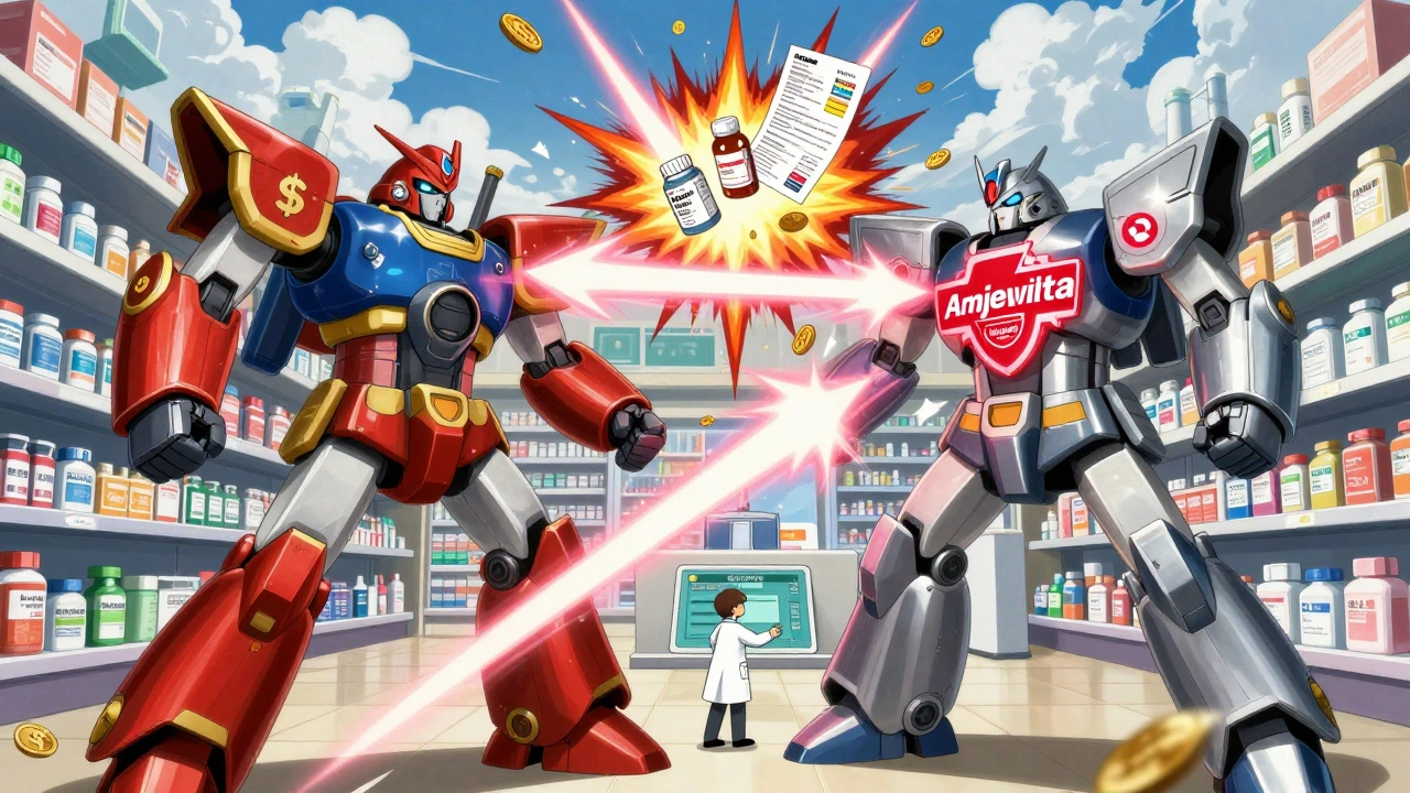 Two giant mechs battle in a pharmacy aisle—one branded, one biosimilar—while a doctor activates an exception request.