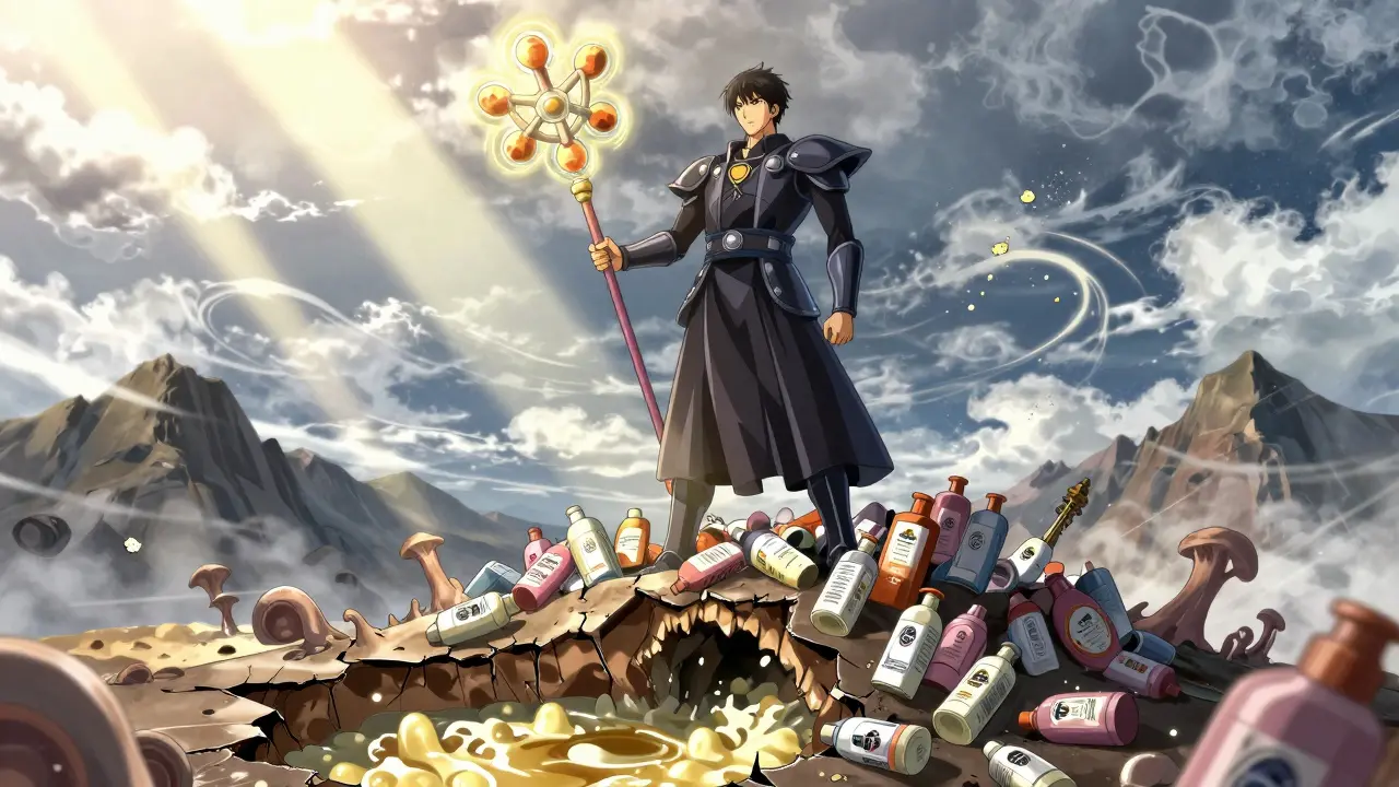 Warrior atop a pile of old shampoos, holding a rotating staff of six medicated cores against a fungal abyss.