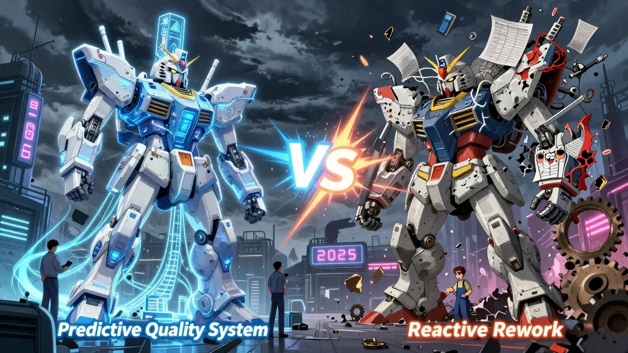 A battle between a predictive quality fortress and a crumbling rework monster in a high-tech factory.