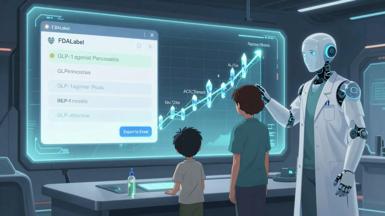 A caregiver and child watch a floating AI display live drug safety data, with a glowing export button nearby.
