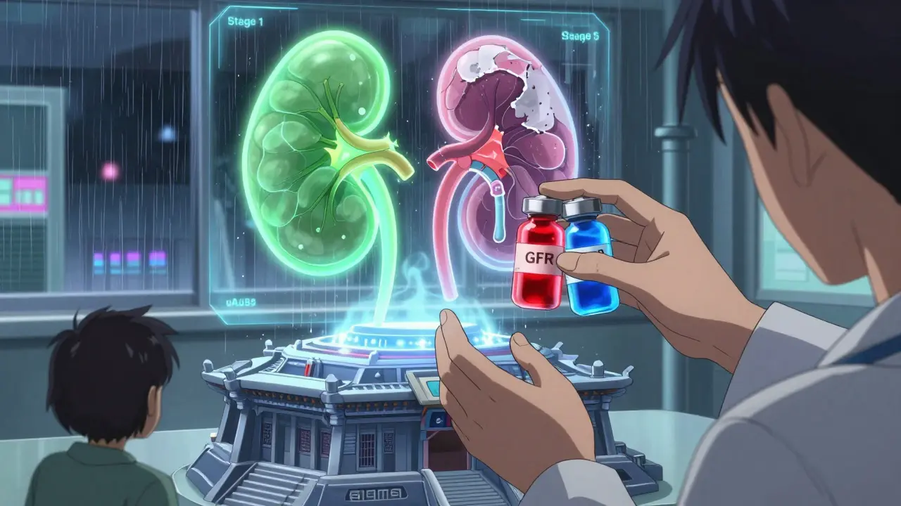 A doctor places blood and urine vials into a high-tech machine as holographic kidney stages glow behind them.
