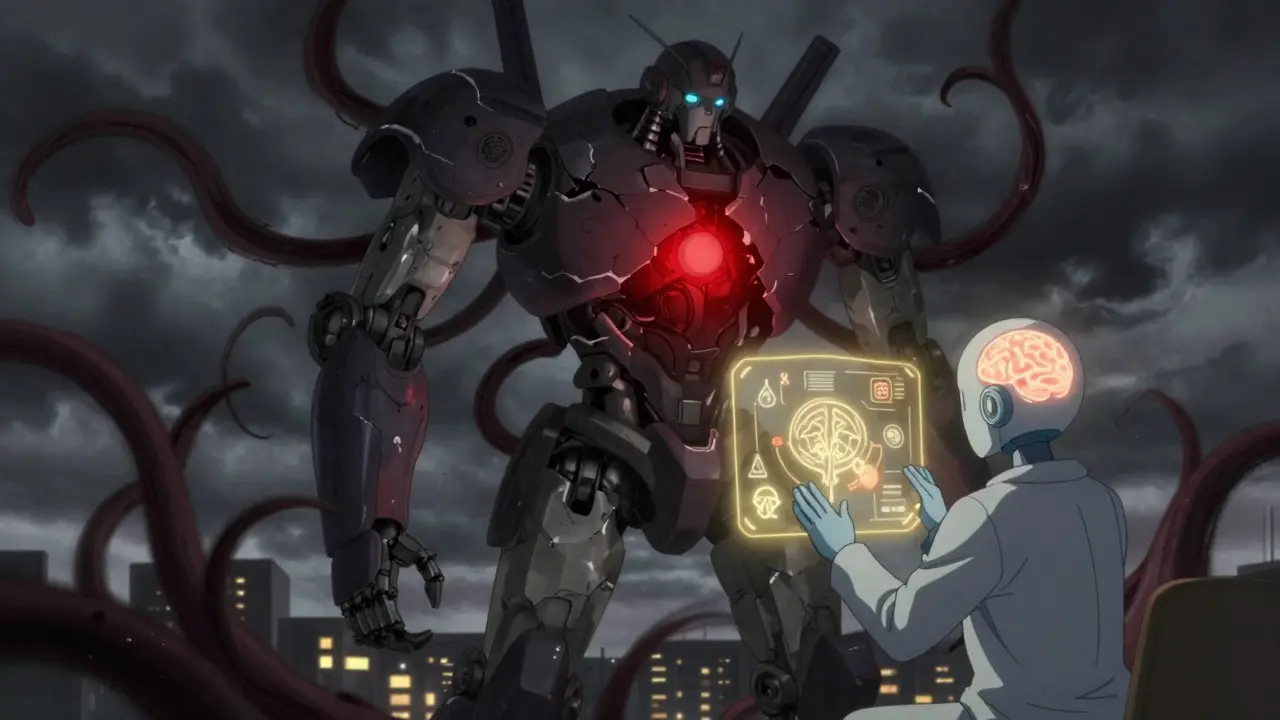 A fractured robot with a dull red core symbolizing chronic pain, calmed by a therapist projecting neural education holograms.