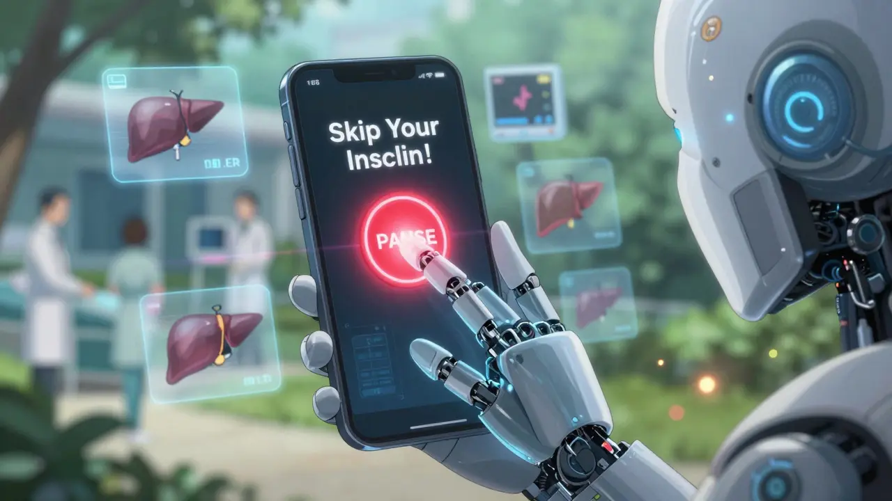 A hand pauses over a phone showing unsafe medical advice, as a robotic hand from the future presses 'PAUSE'.