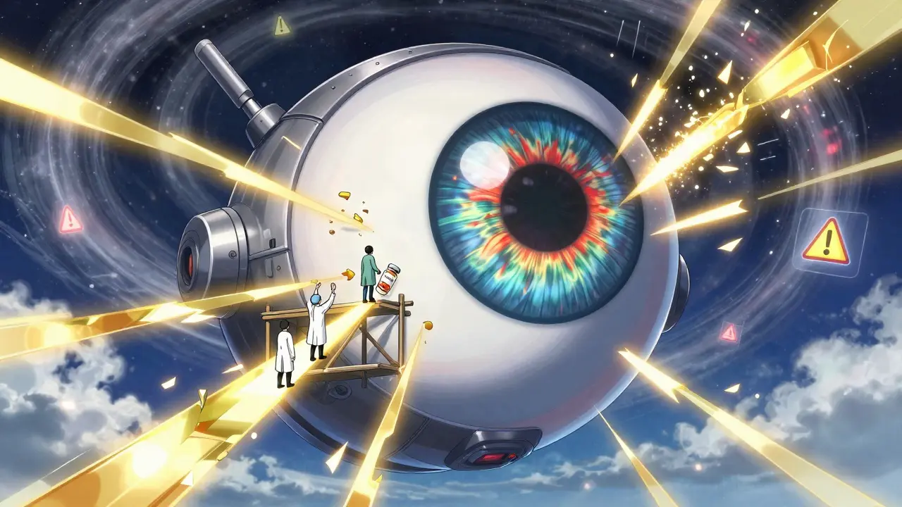 A massive eye-mech displaying retinal scans above a hospital, with patients climbing its lashes.