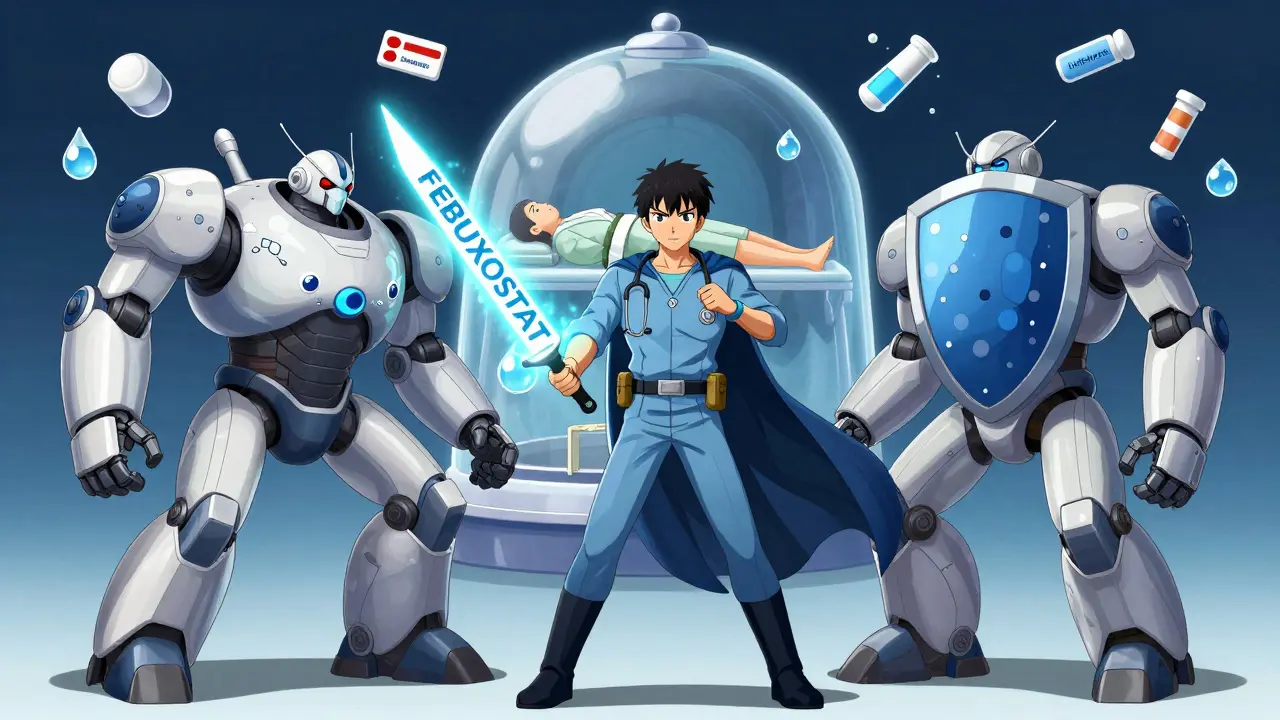 A medical hero using a febuxostat blade to separate two warring drug machines, protecting a patient.