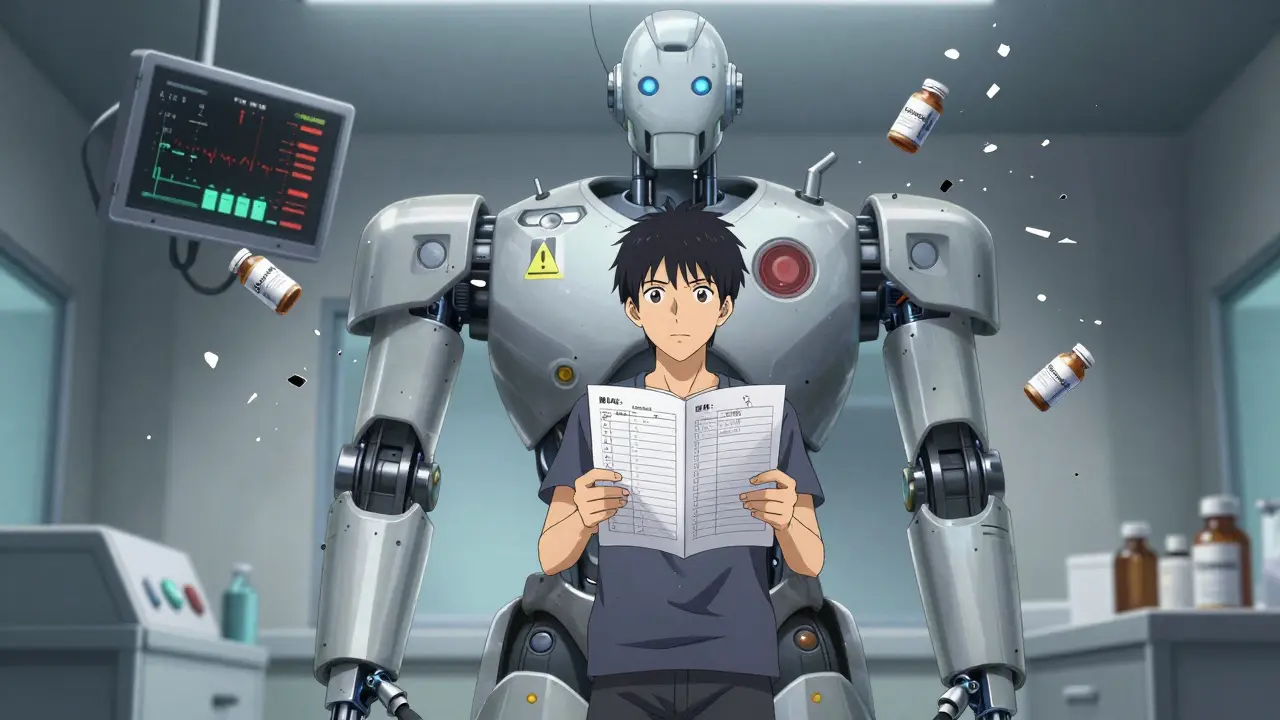 A patient presents tracking data to a futuristic psychiatrist robot, with blood level readings displayed on its chest.