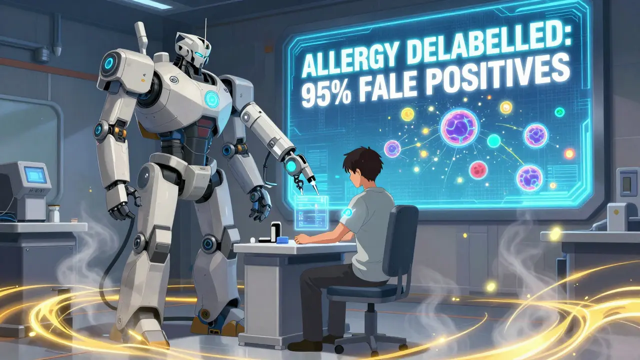 A patient receiving a robotic penicillin skin test as holographic immune cells scatter away in a high-tech clinic.