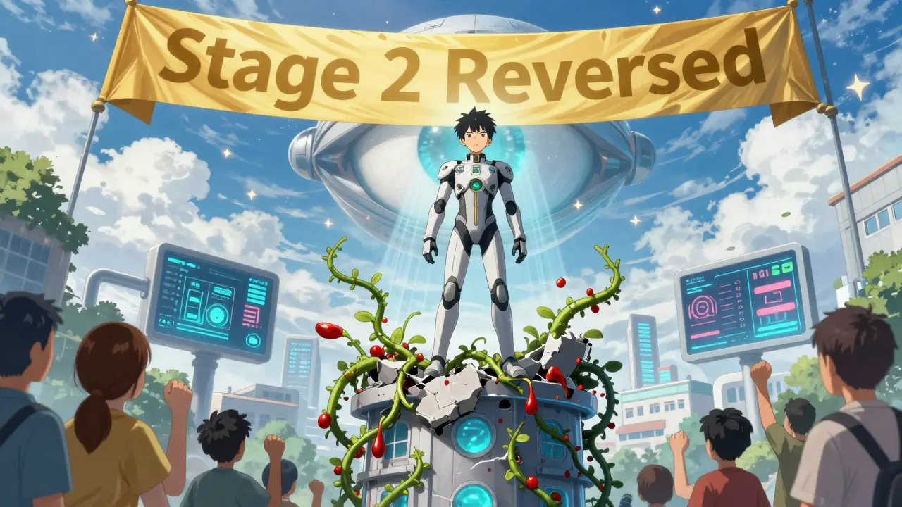 A patient stands atop a crumbling dialysis tower as healing vines grow around it under a glowing AI eye.