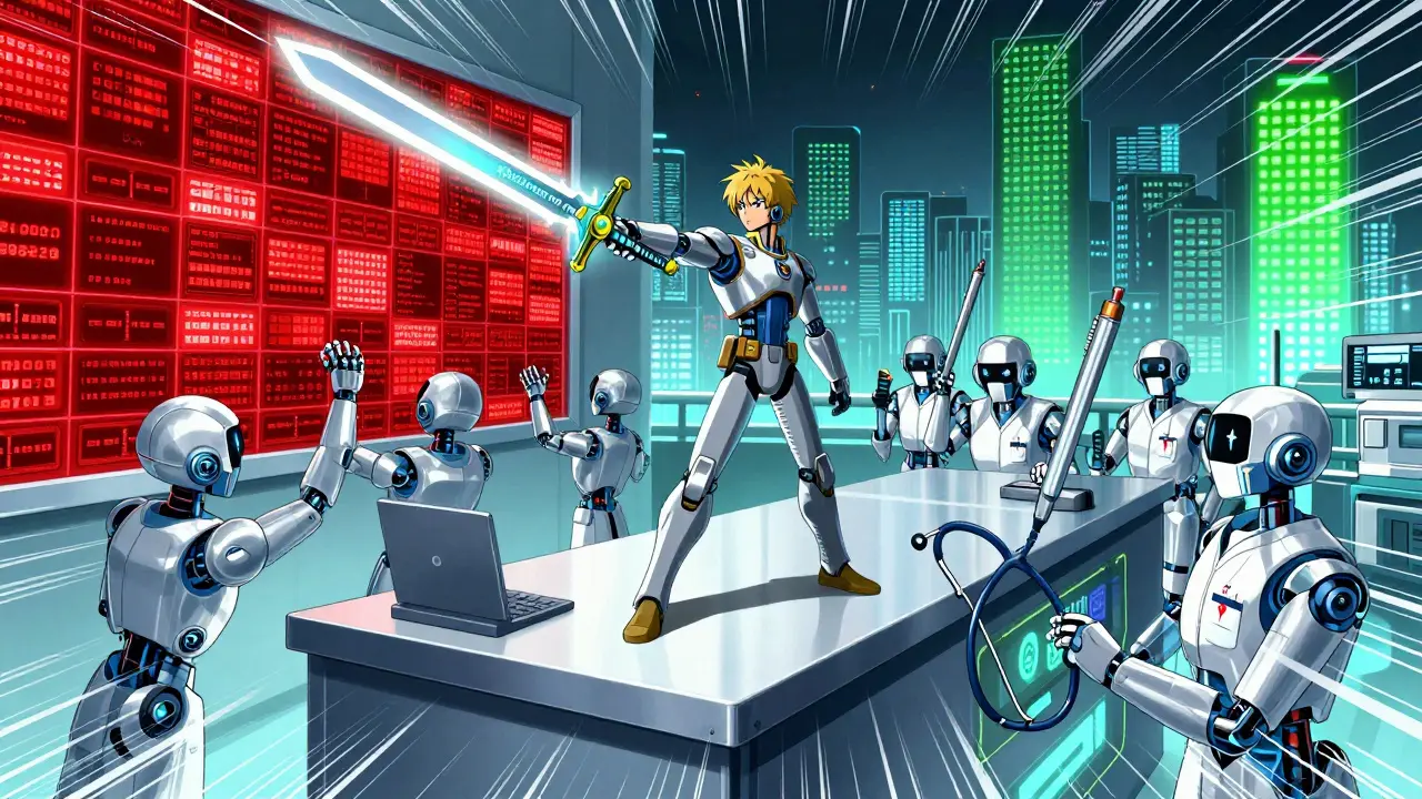 A patient uses a glowing sword to correct corrupted medication labels in a high-tech pharmacy.