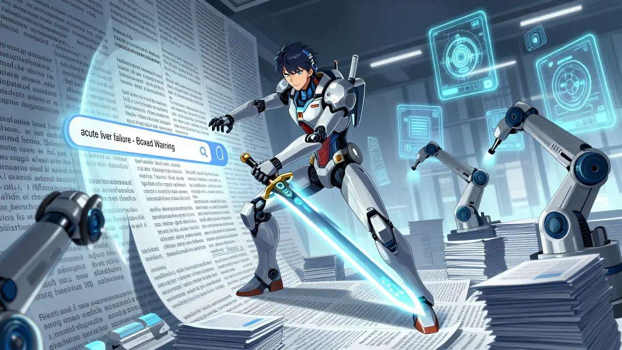 A pharmacist in a high-tech suit cuts through medical text with a data-sword, revealing a precise FDA warning.