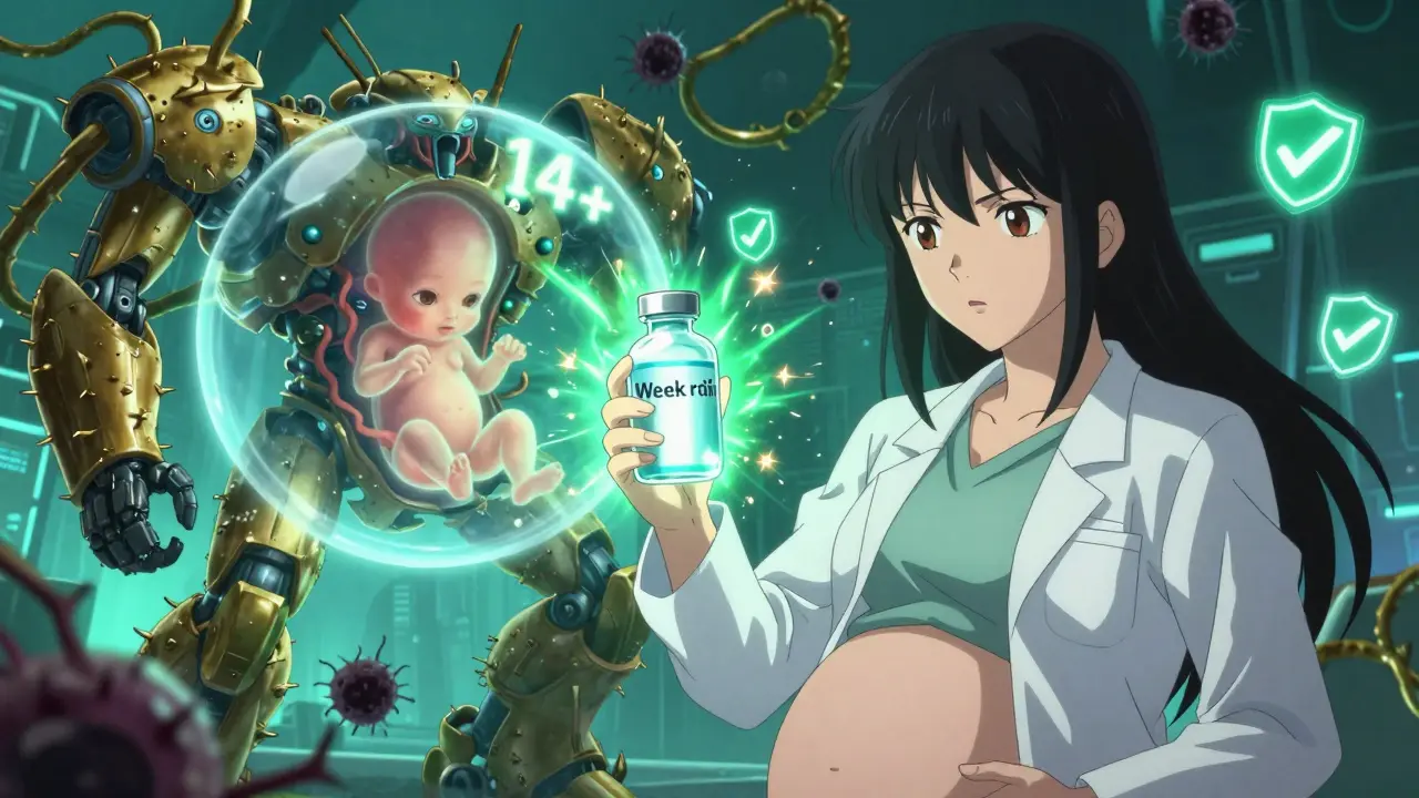 A pregnant woman holds a glowing nitrofurantoin vial as a robotic bacterial infection recoils, with a safe fetus glowing inside a protective bubble.