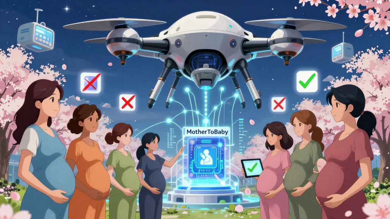 A registry drone connecting diverse pregnant women to a central AI core with glowing data blossoms and medication safety icons.