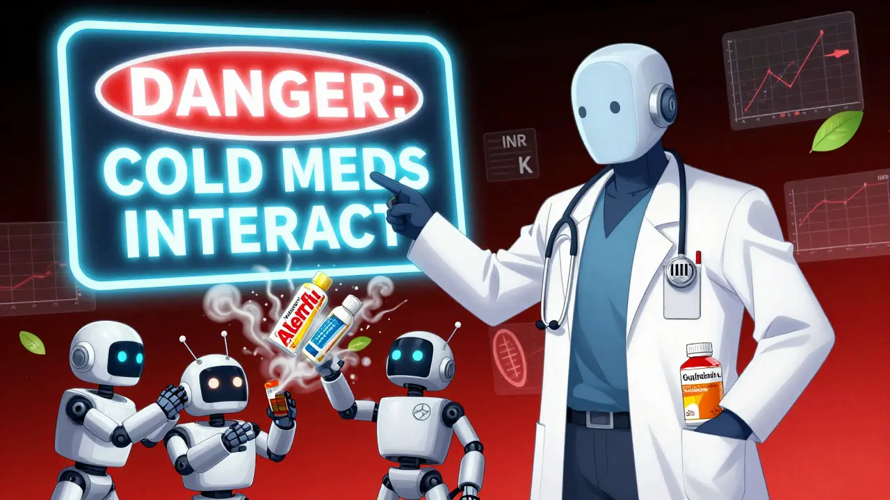 A robot doctor scanning dangerous cold meds while safe options stand nearby in a glowing warning scene.