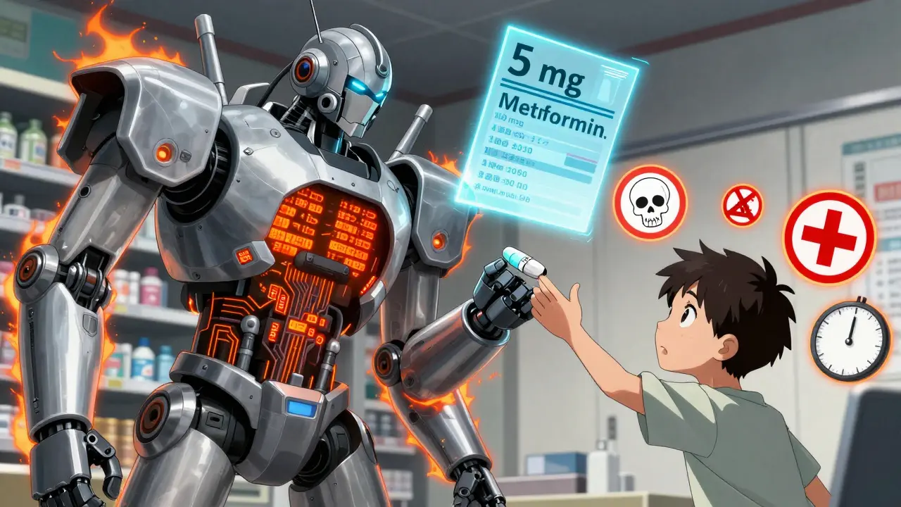 A robotic arm dispenses wrong dosage pill while holographic prescription shows correct dose.